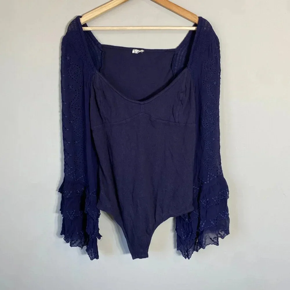 NWOT Free People Intimately FP Enchanted By You Bodysuit Women's Large Navy Silk